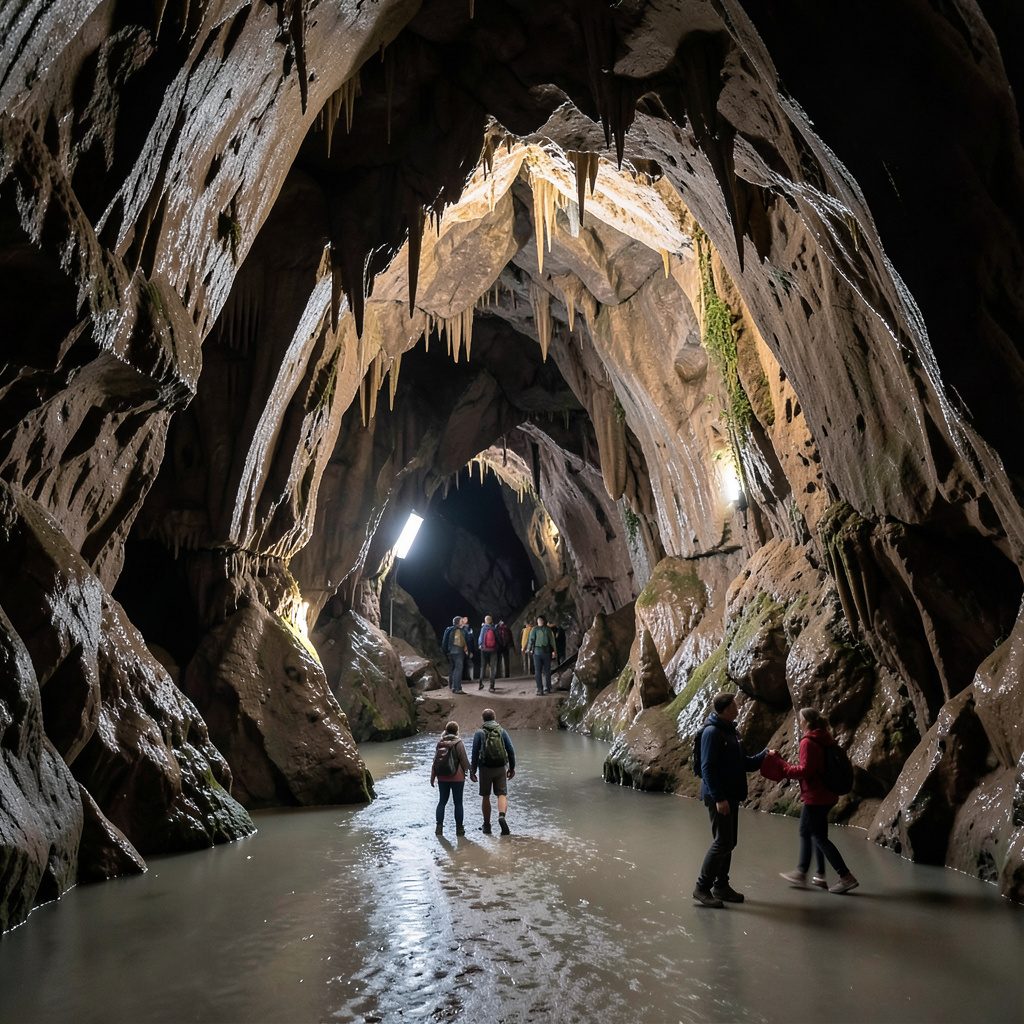 A dimly lit cavern interior with warm torchlight, suggesting mystery and exploration